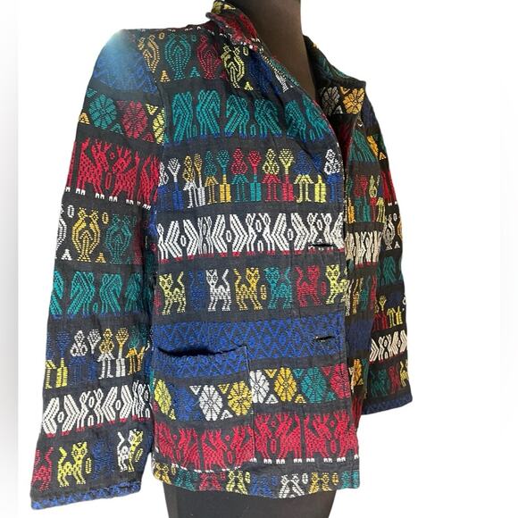 Vintage Jackets & Blazers - Vtg Hand Woven Huipil Guatmalan Boho Artsy Rainbow Textile Jacket  M Coachella